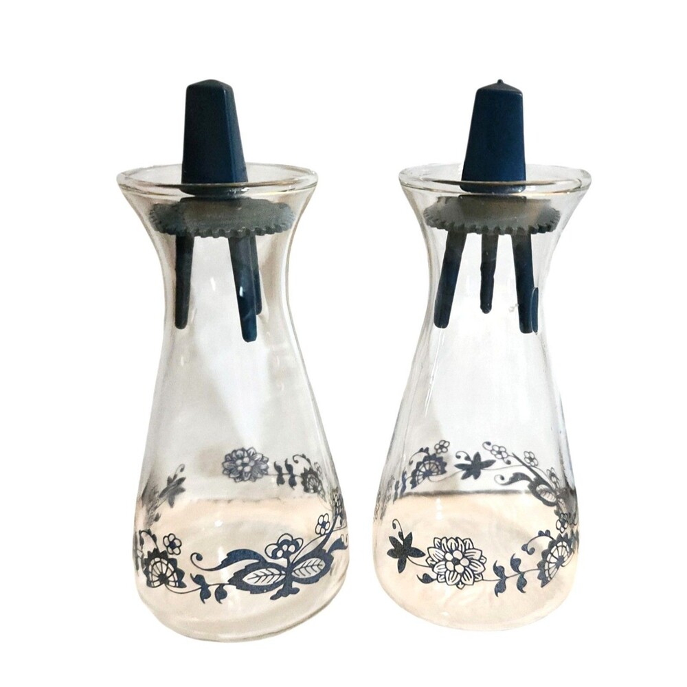 1970s Pyrex Salt & Pepper Shakers Old Town Blue Clear w/ Blue Floral & Lids